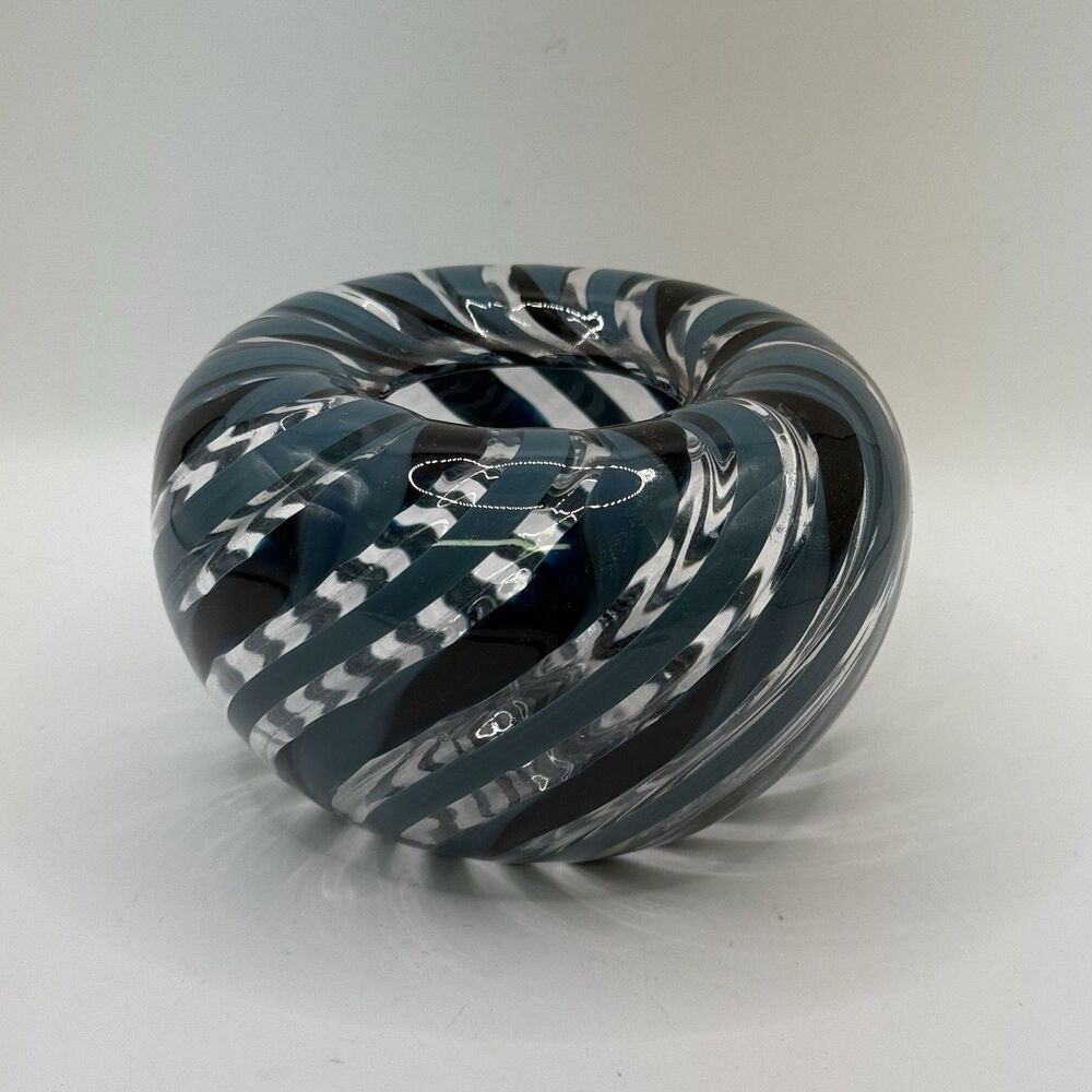 Signed Art Glass Mottled Blue Swirl Miniture Vase Hand Blown